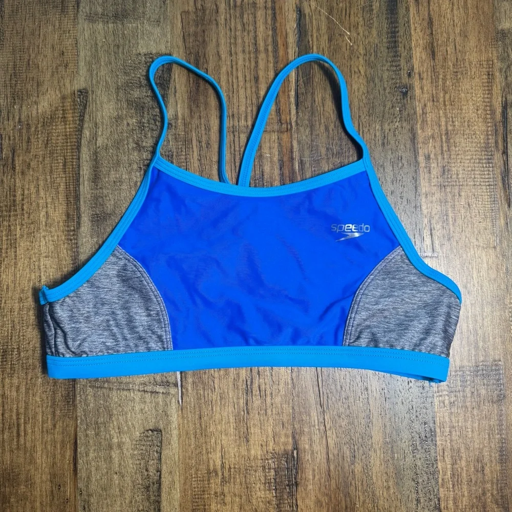 EUC Speedo Digi Zigzag Heather‎ Bikini Top Blue Gray Kids Size 14 Athletic Swim